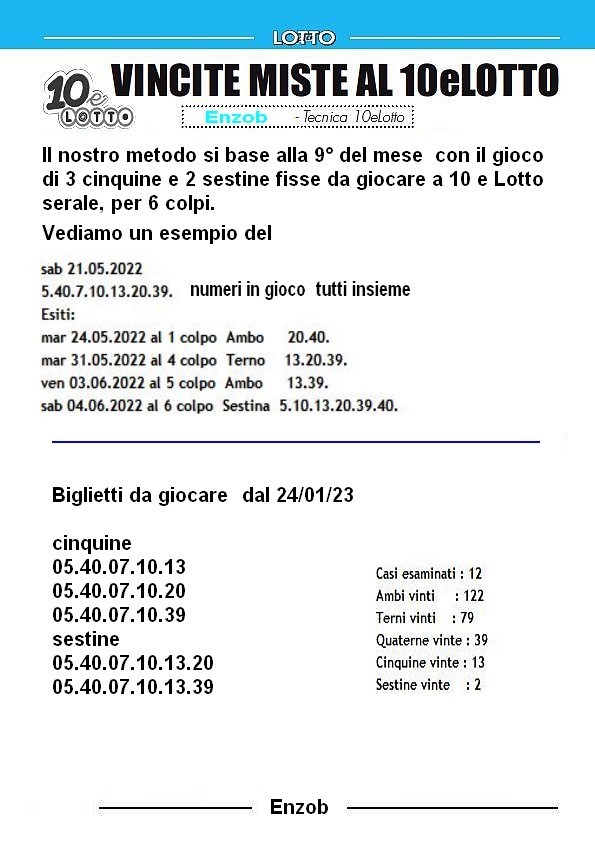 Metodo 10 e Lotto serale alla 9° del mese